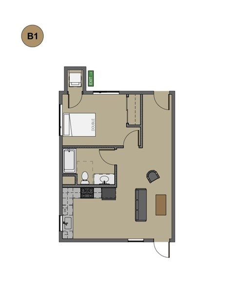 A floor plan of a room with a kitchen area and a living room.
